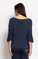 Navy lightweight knit top with crystal star detail and wide neckline by Volange Paris, Parisian fashion in Sydney (Mosman, Paddington and Bronte) or Australia-wide online.