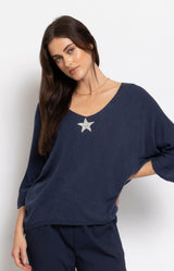 Navy lightweight knit top with crystal star detail and wide neckline by Volange Paris, Parisian elegance in Sydney.