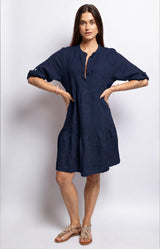 Navy linen dress with a button-down front and adjustable roll-up sleeves – Volange Paris, Parisian fashion in Sydney (Mosman, Paddington and Bronte) or Australia-wide online.