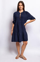 Navy linen dress with a button-down front and adjustable roll-up sleeves – Volange Paris, Parisian fashion in Sydney (Mosman, Paddington and Bronte) or Australia-wide online.