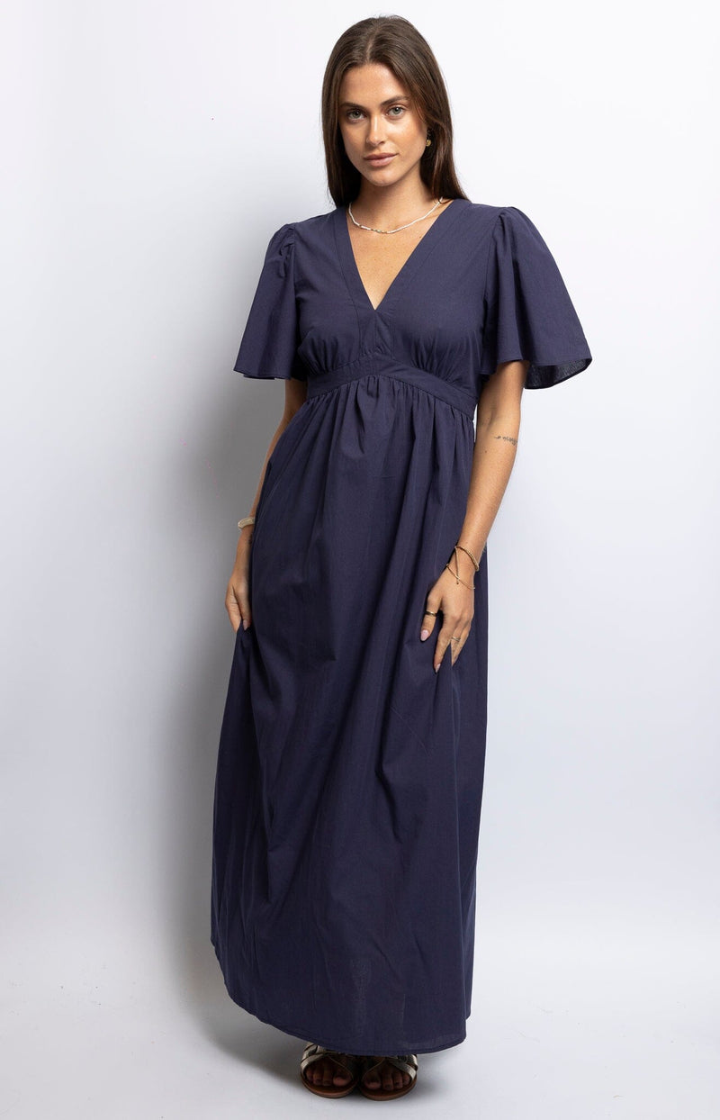Navy maxi dress with butterfly sleeves and V-neckline, elegant summer silhouette – Parisian style by Volange Paris