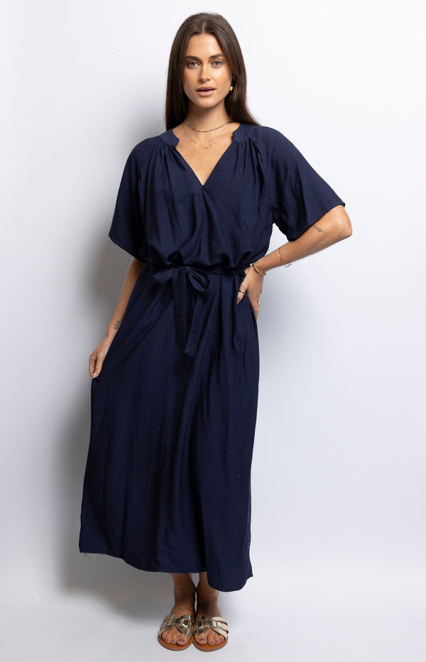 Elegant navy viscose dress one size with belt flattering v neck for all occasions – Refined French fashion from Volange Paris