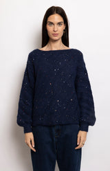 Soft navy knit jumper with delicate sequin detailing and an elegant boat neckline for effortless winter style – Volange Paris, Parisian fashion in Sydney (Mosman, Paddington and Bronte) or Australia-wide online.