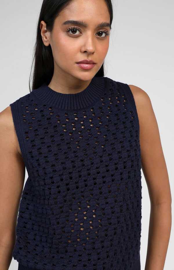 Navysleeveless mesh knit top with ribbed neckline and relaxed fit – French fashion by Volange Paris.