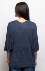 Navy lightweight cardigan with subtle silver lurex shimmer, an open front and relaxed draped fit – Volange Paris, Parisian fashion in Sydney (Mosman, Paddington and Bronte) or Australia-wide online.