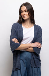 Navy lightweight cardigan with subtle silver lurex shimmer, an open front and relaxed draped fit – Volange Paris, Parisian fashion in Sydney (Mosman, Paddington and Bronte) or Australia-wide online.