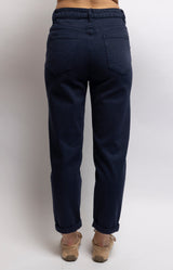 Navy denim jeans in stretch cotton with a flattering mid-rise waist and tapered-leg silhouette for an effortlessly polished look – Volange Paris, Parisian fashion in Sydney (Mosman, Paddington and Bronte) or Australia-wide online.