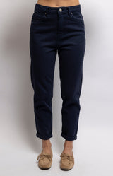 Navy denim jeans in stretch cotton with a flattering mid-rise waist and tapered-leg silhouette for an effortlessly polished look – Volange Paris, Parisian fashion in Sydney (Mosman, Paddington and Bronte) or Australia-wide online.