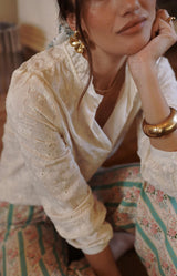 off White embroidered cotton blouse with delicate broderie detailing and ruffled collar, Parisian elegance by Volange Paris, French fashion in Sydney.