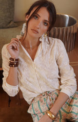  off White embroidered cotton blouse with delicate broderie detailing and ruffled collar, Parisian elegance by Volange Paris, French fashion in Sydney.