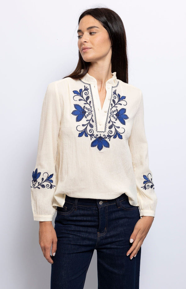 off white cotton blouse with blue floral embroidery Feminine white with cuff and button details – Timeless French styling from Volange Paris