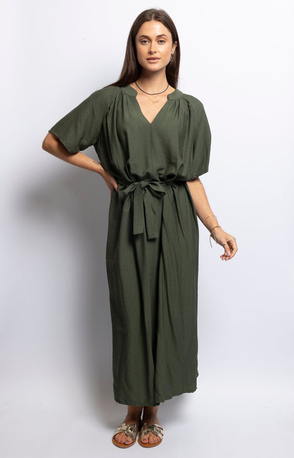 Elegant olive colour viscose dress one size with belt flattering v neck for all occasions – Refined French fashion from Volange Paris