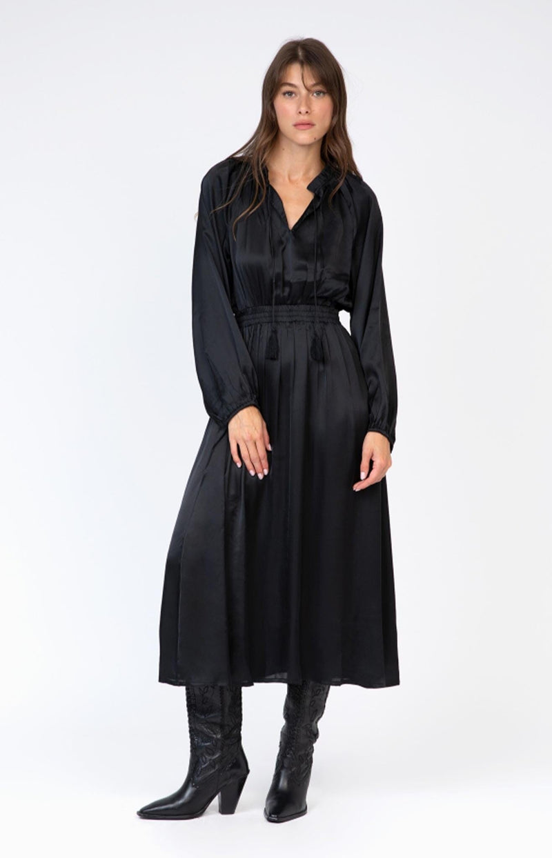 ELEGANT BLACK MAX DRESS SATIN FRENCH FASHION - VOLANGE PARIS