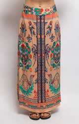 Peach print maxi skirt in soft flowing modal with an elasticated waist, side pockets and decorative border detailing – Volange Paris, Parisian fashion in Sydney (Mosman, Paddington and Bronte) or Australia-wide online.
