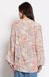 Pink floral liberty-inspired blouse with relaxed sleeves – Volange Paris, Parisian fashion in Sydney (Mosman, Paddington and Bronte) or Australia-wide online.