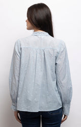 Powder blue cotton blouse with floral embroidery, broderie anglaise, lace inserts and scalloped collar – Volange Paris, Parisian fashion in Sydney (Mosman, Paddington and Bronte) or Australia-wide online.