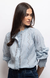 Powder blue cotton blouse with floral embroidery, broderie anglaise, lace inserts and scalloped collar – Volange Paris, Parisian fashion in Sydney (Mosman, Paddington and Bronte) or Australia-wide online.