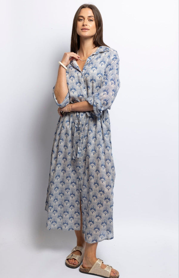 Printed blue cotton midi dress with tie waist – Elegant French fashion from Volange Paris