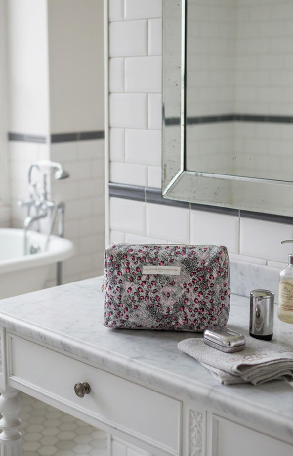 Block Printed pink and purple padded cotton toiletry bag with zip closure – Parisian travel essential by Volange Paris.