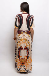 Printed maxi dress in cream, burgundy, black and gold tones, with a V-neckline, button-down front, gathered waist and side pockets – Volange Paris, Parisian fashion in Sydney (Mosman, Paddington and Bronte) or Australia-wide online.