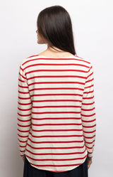 Red Breton stripe T-shirt in a soft stretch cotton blend with long sleeves and a relaxed fit for timeless Parisian style – Volange Paris, Parisian fashion in Sydney (Mosman, Paddington and Bronte) or Australia-wide online.
