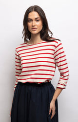 Red Breton stripe T-shirt in a soft stretch cotton blend with long sleeves and a relaxed fit for timeless Parisian style – Volange Paris, Parisian fashion in Sydney (Mosman, Paddington and Bronte) or Australia-wide online.
