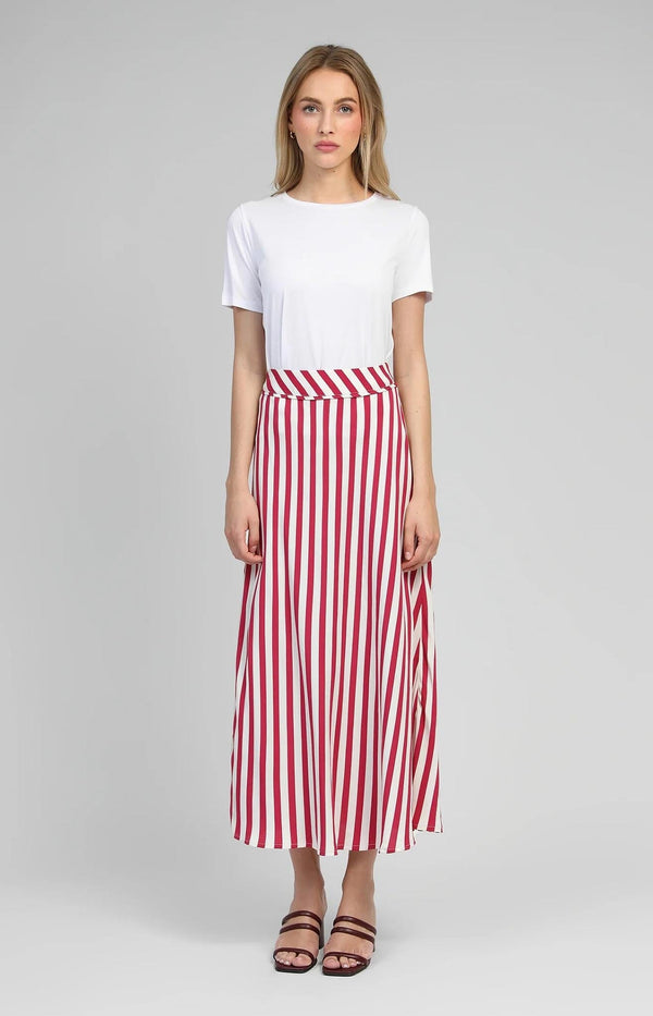 Red and white striped viscose maxi skirt with a flattering flowy silhouette — summer chic by Volange Paris.