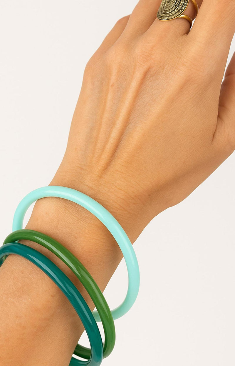 Set of three green resin bangles in mint, teal and emerald tones – French accessories from Volange Paris