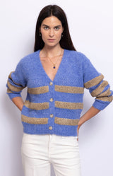 Soft ribbed cardigan in blue and gold stripes – Elegant layering piece from Volange Paris – French fashion