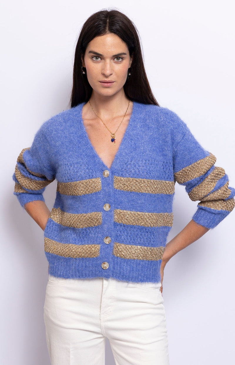 Soft ribbed cardigan in blue and gold stripes – Elegant layering piece from Volange Paris – French fashion