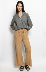 sand double-gauze cotton pants with elastic waist and relaxed straight leg – Parisian elegance by Volange Paris.
