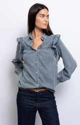 Elegant denim blouse style cotton shirt, embodying playful yet sophisticated charm – Parisian fashion Volange.