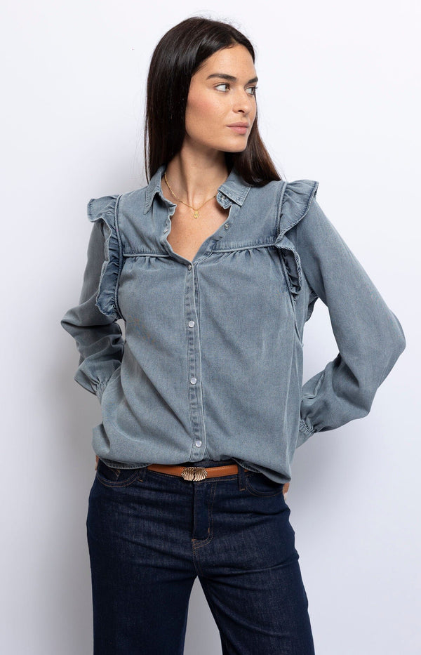 Elegant denim blouse style cotton shirt, embodying playful yet sophisticated charm – Parisian fashion Volange.