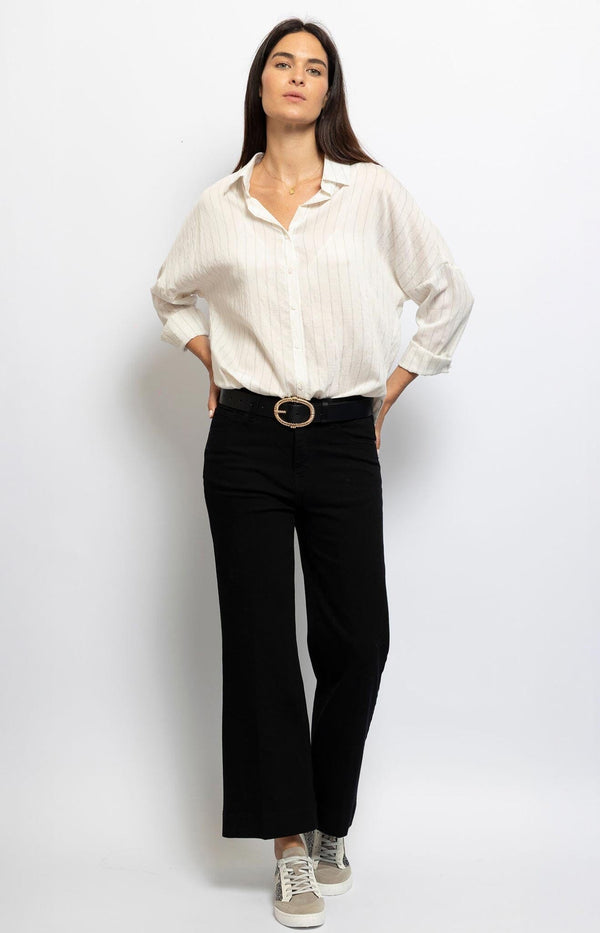 Oversized striped cotton shirt in off-white and grey, perfect for layering or tucking – French-inspired style from Volange Paris.