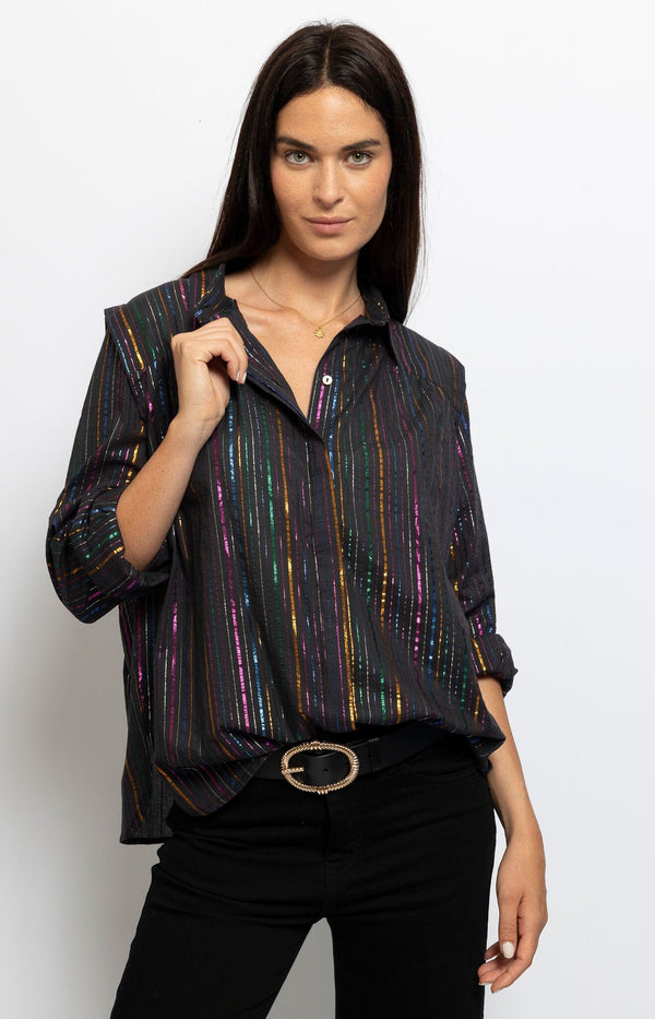  Black cotton shirt with metallic coloured stripes for subtle shimmer, featuring a loose, modern fit – Parisian fashion Volange French Fashion
