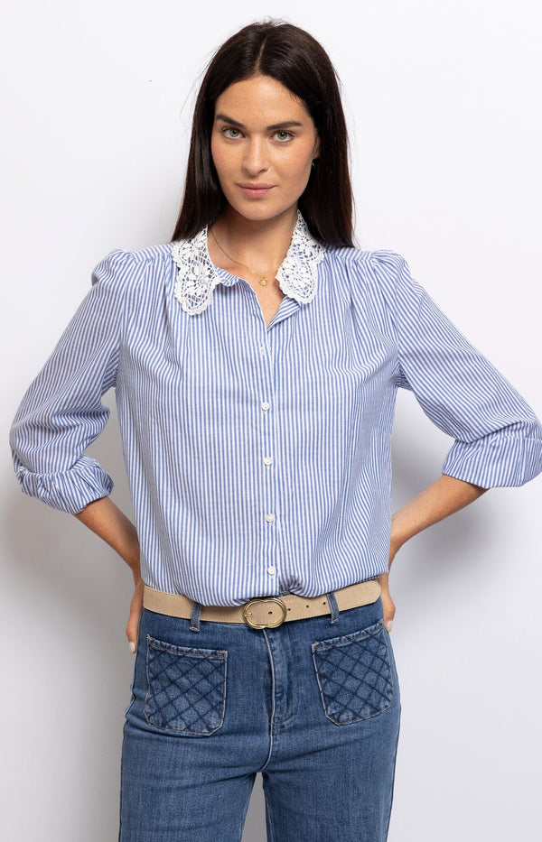 Blue and white striped cotton shirt with lace-trimmed collar – elegant French style by Volange Paris.