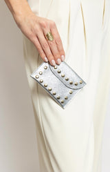 silver leather coin purse with gold stud detailing and snap closure Made in Italy – Parisian chic by Volange Paris.