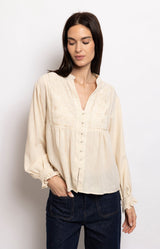 Soft embroidered blouse with delicate front panels and button front – Parisian elegance by Volange Paris, French fashion in Sydney (Mosman, Paddington and Bronte) or Australia-wide online.