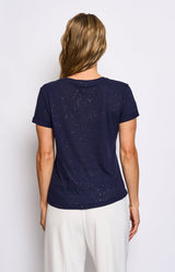 Navy linen blend V-neck T-shirt with subtle gold sparkle – Volange Paris, Parisian fashion in Sydney (Mosman, Paddington and Bronte) or Australia-wide online.