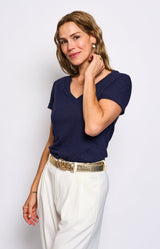 Navy linen blend V-neck T-shirt with subtle gold sparkle – Volange Paris, Parisian fashion in Sydney (Mosman, Paddington and Bronte) or Australia-wide online.