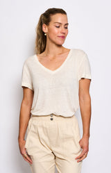Off white linen blend V-neck T-shirt with subtle gold sparkle – Volange Paris, Parisian fashion in Sydney (Mosman, Paddington and Bronte) or Australia-wide online.