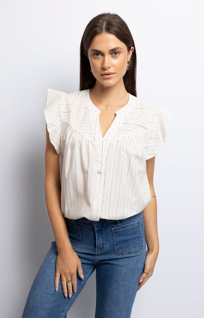 Striped cotton blouse with metallic lurex thread and flutter sleeves – Sydney French fashion Volange Paris 