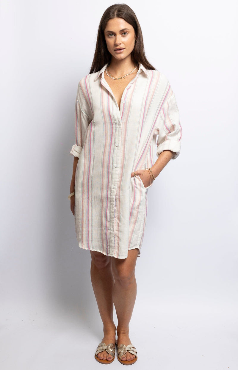 Striped cotton shirt dress with lurex thread and button front – French summer fashion from Volange Paris