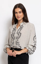 Striped cotton blouse with delicate embroidery detail – Parisian elegance by Volange Paris, French fashion in Sydney.