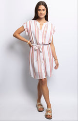 Striped rayon dress with shimmering lurex and a relaxed waist-tie silhouette — chic summer style by Volange Paris.