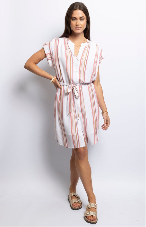 Striped rayon dress with shimmering lurex and a relaxed waist-tie silhouette — chic summer style by Volange Paris.