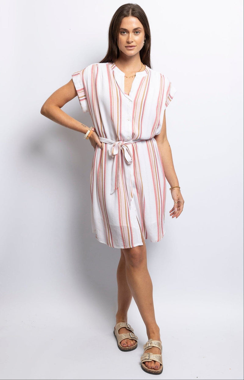 Striped rayon dress with shimmering lurex and a relaxed waist-tie silhouette — chic summer style by Volange Paris.