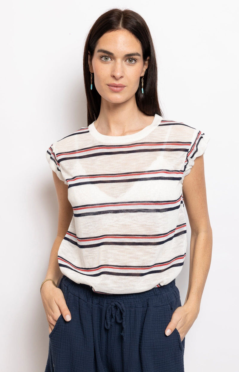 White and navy striped top with ruched sleeve detail – Wardrobe essential French fashion by Volange Paris.