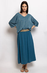 teal gauze cotton midi skirt with gold elastic waistband and soft A-line drape – Sydney French fashion by Volange Paris.