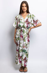 Tropical print maxi dress with V-neckline and kimono sleeves – Parisian elegance by Volange Paris.